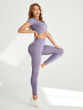 SHEIN Yoga Basic Raglan Short Sleeve Crop Top And High Waist Wide Leggings Sportswear Set