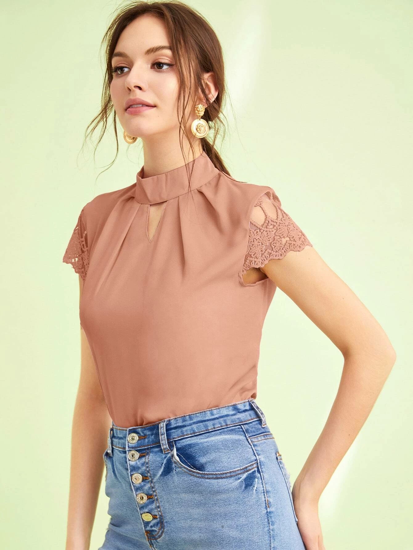 SHEIN Embroidered Mesh Sleeve Keyhole Front Top