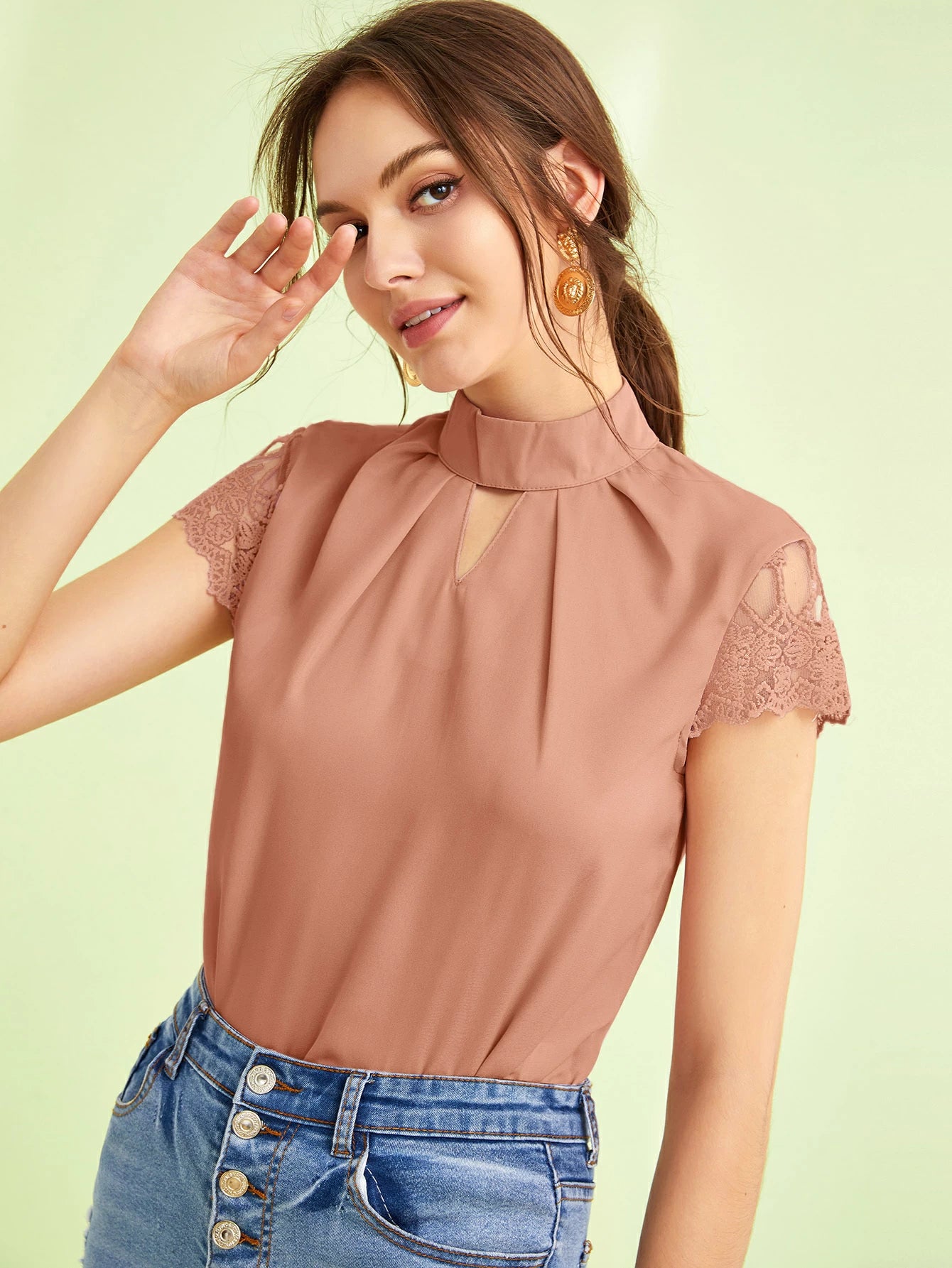 SHEIN Embroidered Mesh Sleeve Keyhole Front Top