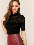 SHEIN Mock Neck Mesh Overlay Geo Print Fitted Top Without Tube