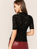 SHEIN Mock Neck Mesh Overlay Geo Print Fitted Top Without Tube