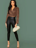 SHEIN Elastic Waist Seam Front Leather Look Pants