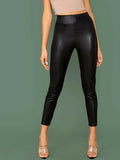 SHEIN Elastic Waist Seam Front Leather Look Pants