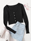  | SHEIN EZwear Button Front Lettuce Trim Rib-knit Tee | Top | Shein | OneHub