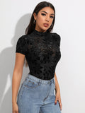 SHEIN Flocked Floral Sheer Mesh Top Without Bra