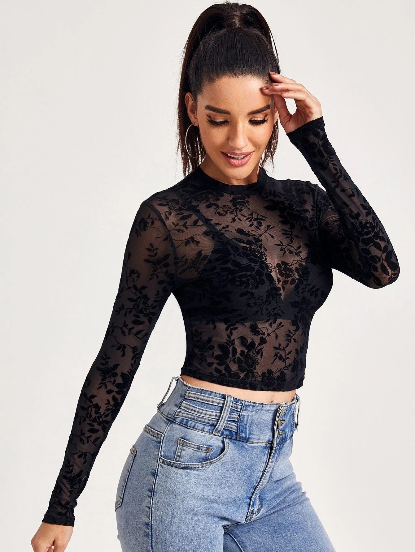 SHEIN Mock-Neck Flocked Mesh Top Without Bra