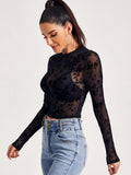 SHEIN Mock-Neck Flocked Mesh Top Without Bra