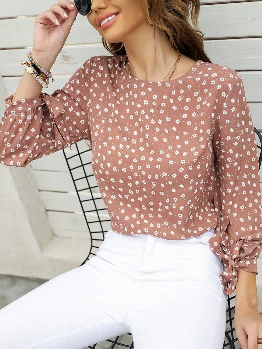 Shein Ditsy Floral Keyhole Back Knot Cuff Blouse