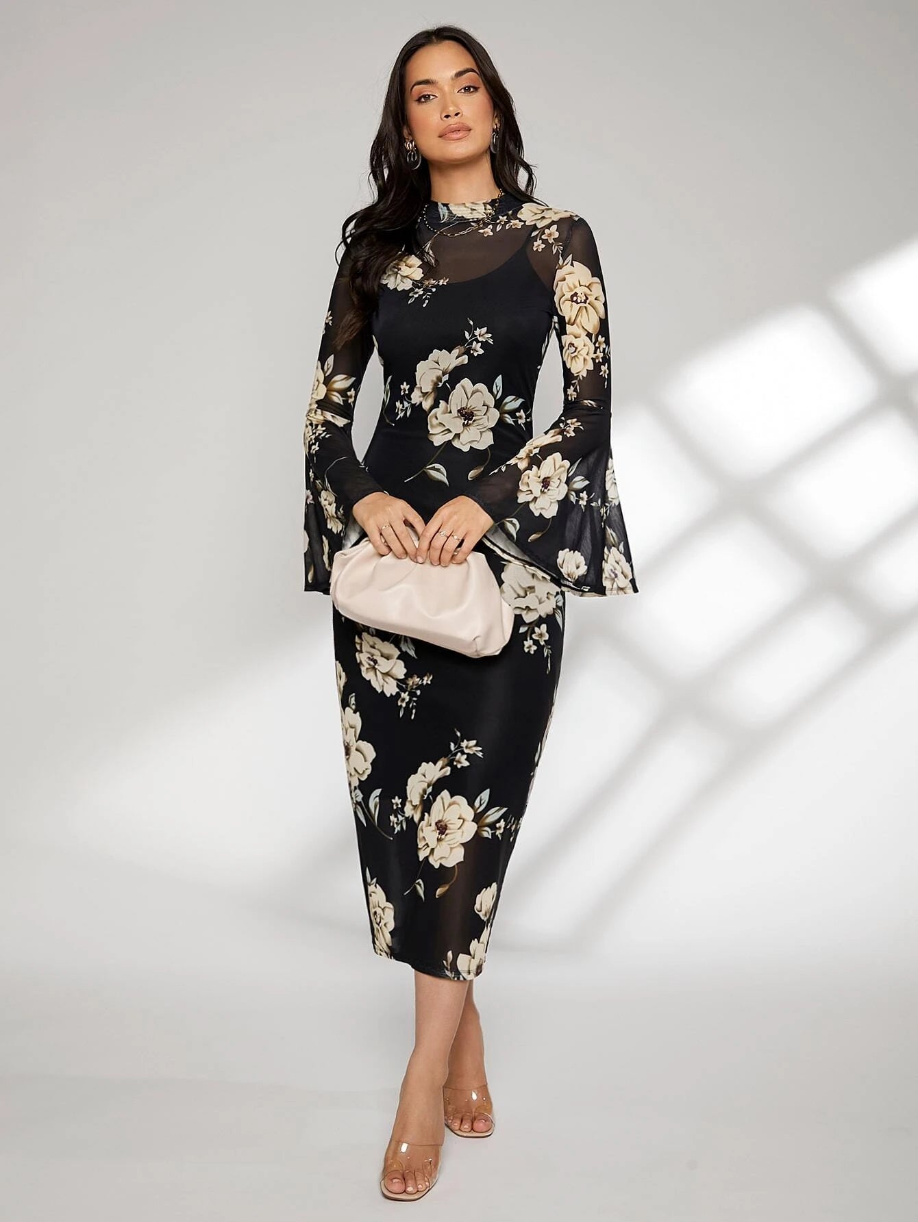 SHEIN Floral Print Bell Sleeve Split Back Dress