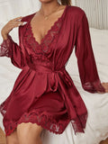  | SHEIN Embroidered Mesh Trim Satin Slips With Belted Robe | Lingerie | Shein | OneHub