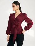 Shein Solid Surplice Front Belted Blouse