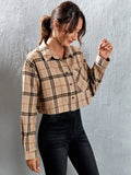 SHEIN EZwear Plaid Patched Pocket Drop Shoulder Crop Shirt