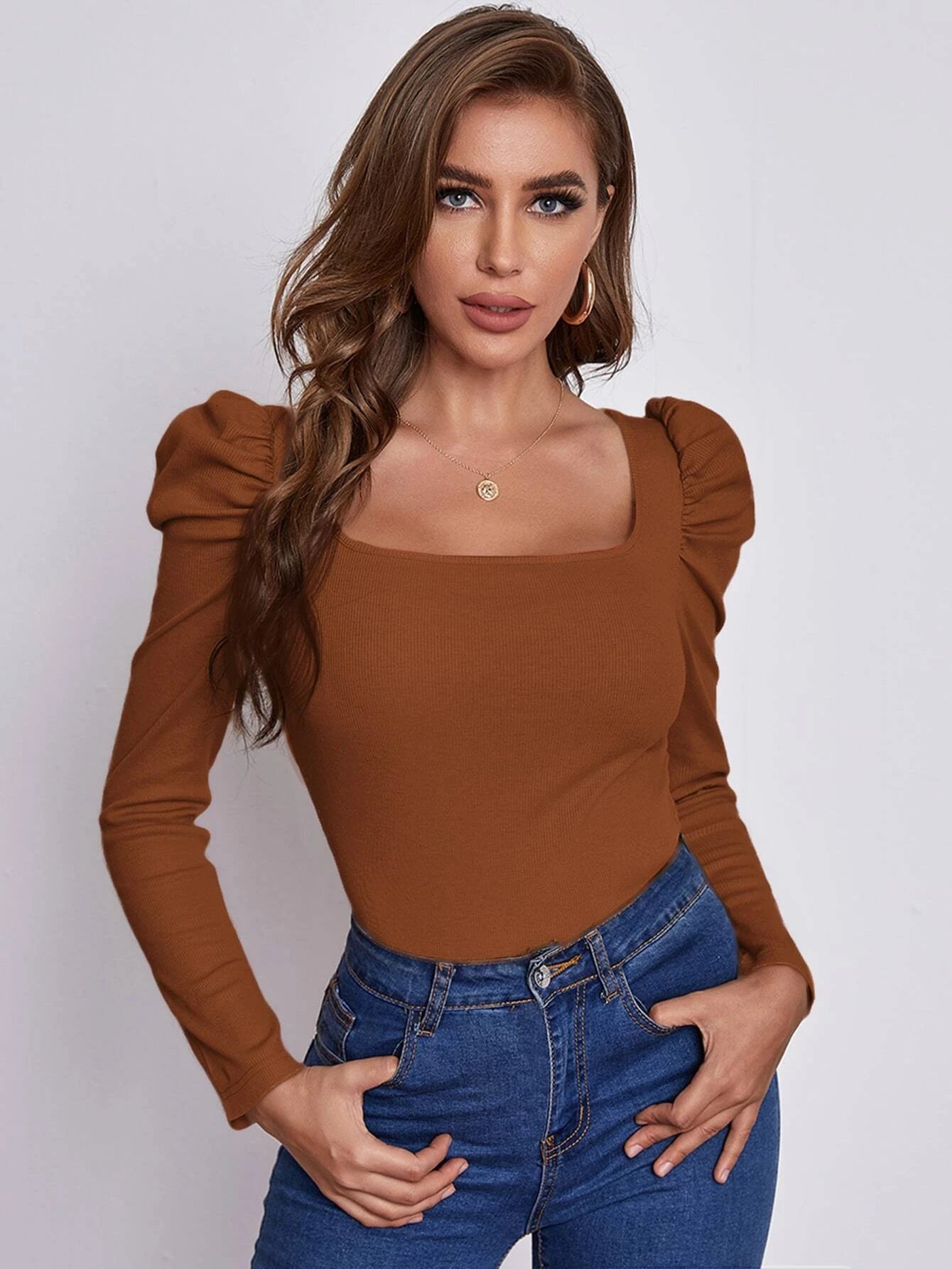 SHEIN EMERY ROSE Square Neck Leg-of-mutton Sleeve Top