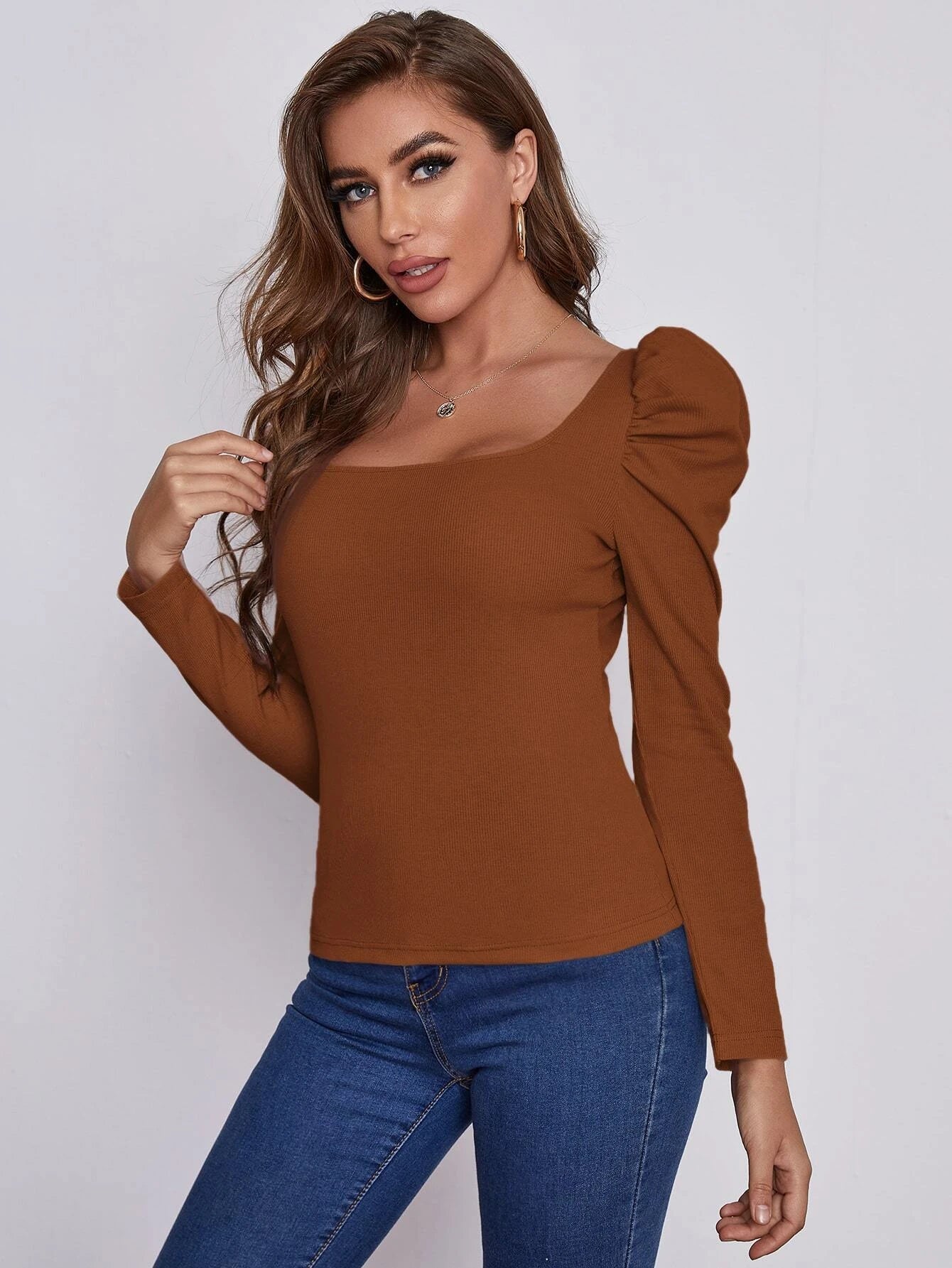 SHEIN EMERY ROSE Square Neck Leg-of-mutton Sleeve Top