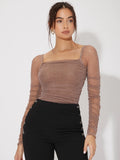 SHEIN Mesh Panel Ruched Glitter Top