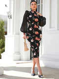  | SHEIN Modely Floral Print Contrast Mesh Lantern Sleeve Slit Back Bodycon Dress | Dress | Shein | OneHub