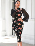  | SHEIN Modely Floral Print Contrast Mesh Lantern Sleeve Slit Back Bodycon Dress | Dress | Shein | OneHub