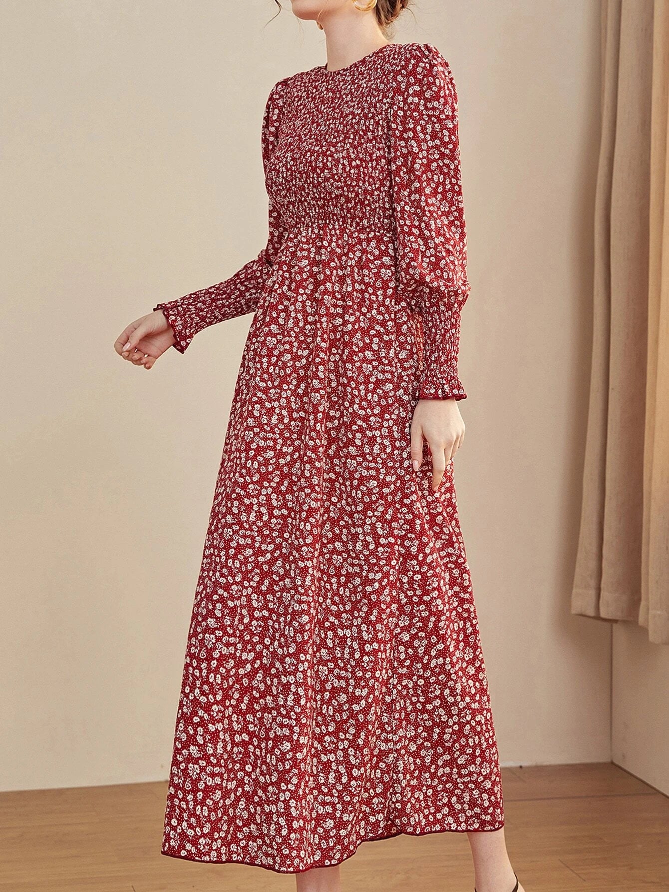 SHEIN Mulvari Ditsy Floral Puff Sleeve Shirred A-line Dress