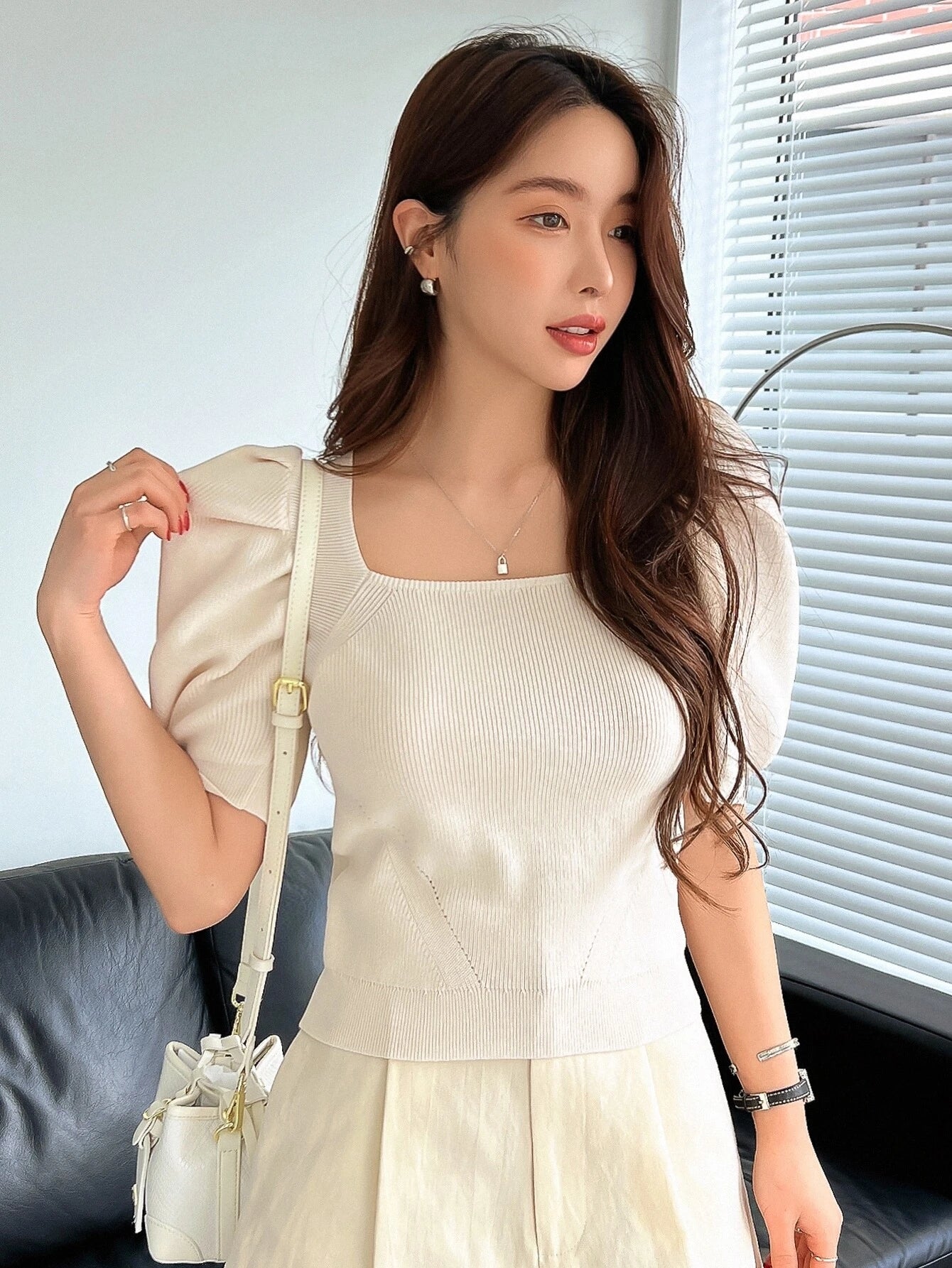 Shein DAZY Square Neck Puff Sleeve Tie Back Knit Top