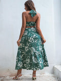 SHEIN VCAY Floral Print Criss Cross Tie Back Crop Top & Ruffle Hem Skirt Set