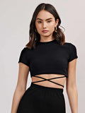  | evoluSHEIN Recycled Polyester Mock Neck Crisscross Tie Back Crop Tee | Top | Shein | OneHub