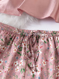 Shein Floral Print Lace Detail Tie Front Satin PJ Set