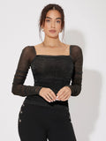 SHEIN Mesh Panel Ruched Glitter Top