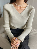 Shein DAZY Rib-knit Wrap Cross Raglan Sleeve Crop Sweater