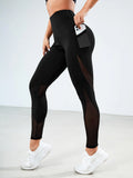 SHEIN Solid Mesh Insert Sports Leggings With Phone Pocket