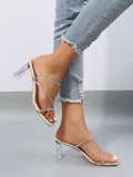 SHEIN Women Rhinestone Decor Chunky Heeled Sandals, Fashion PVC Mule Sandals