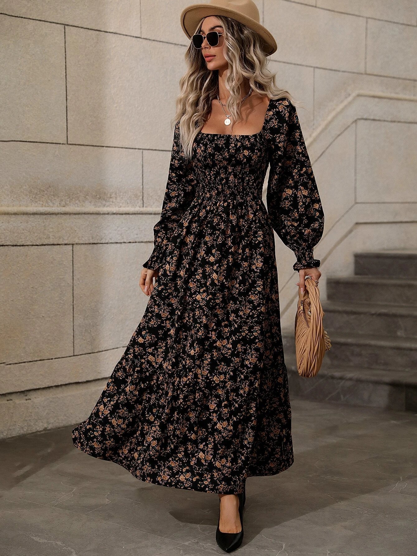  | SHEIN Allover Floral Print Square Neck Bishop Sleeve Dress | Dress | Shein | OneHub