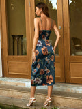 SHEIN Floral Print Ruched Split Thigh Satin Cami Dress