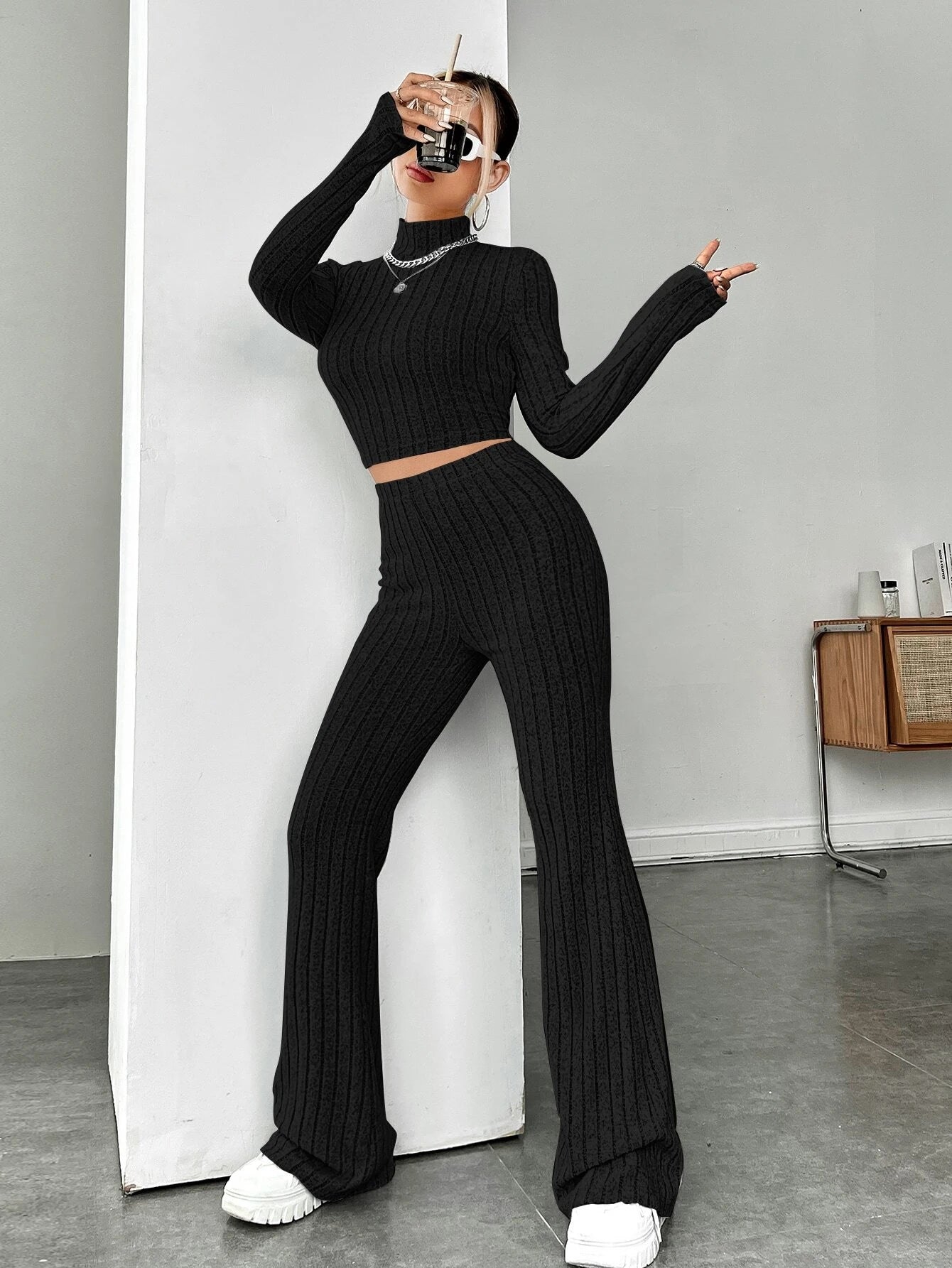 SHEIN EZwear Ribbed Marble Knit Flare Pants