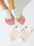 Shein 2pairs Cartoon Cat & Striped Pattern Ankle Socks