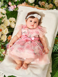 SHEIN Baby Floral Print Mesh Hem Dress