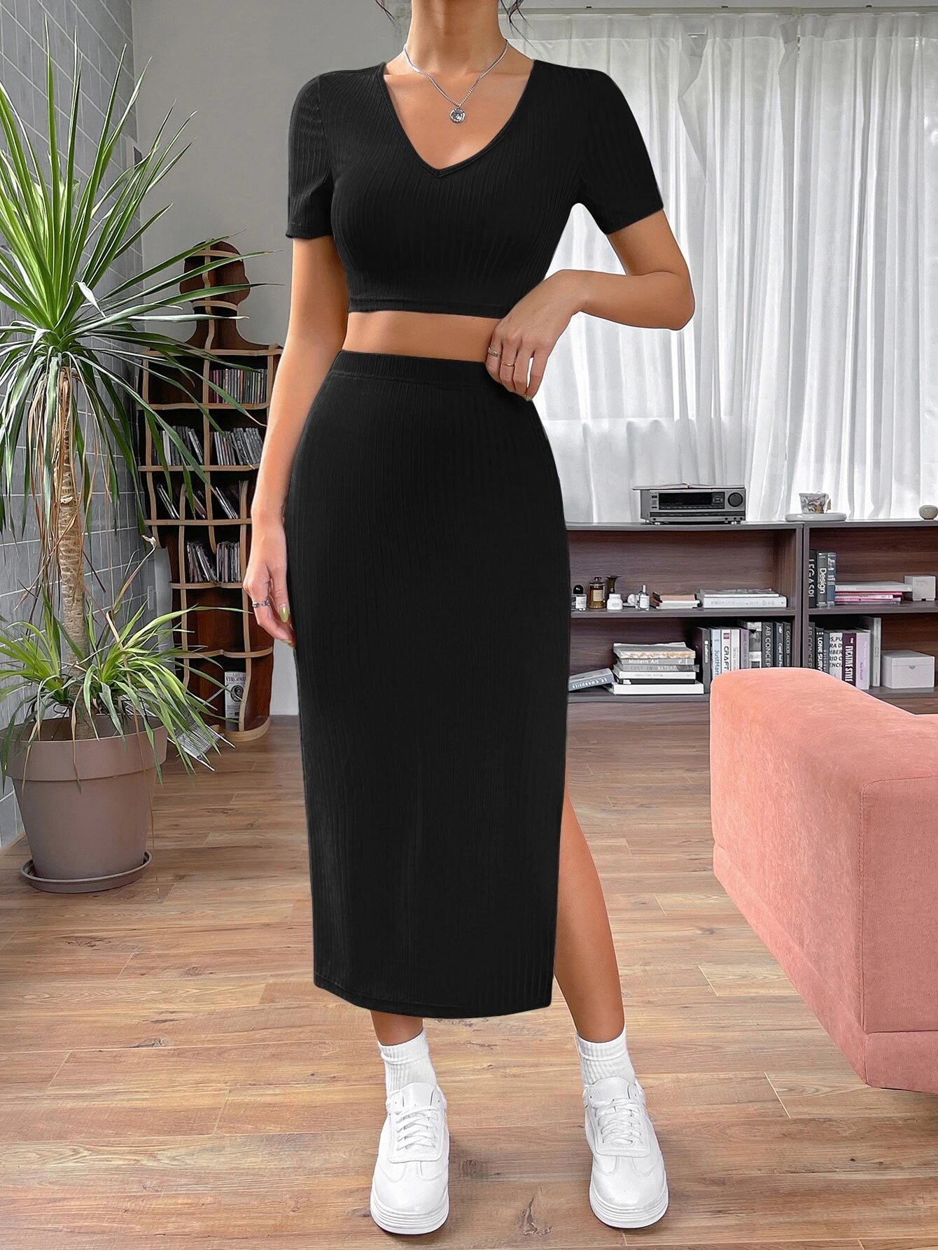 SHEIN EZwear Solid Crop Tee & Split Thigh Skirt, Top and Pant Set