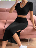 SHEIN EZwear Solid Crop Tee & Split Thigh Skirt