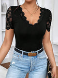 SHEIN Privé Contrast Lace Scallop Trim Bodysuit