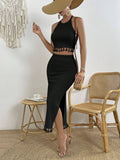 SHEIN VCAY Tassel Trim Crop Halter Top & Split Thigh Skirt