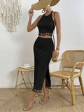 SHEIN VCAY Tassel Trim Crop Halter Top & Split Thigh Skirt