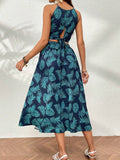 SHEIN VCAY Tropical Print Tie Back Cami Top & Split Thigh Skirt