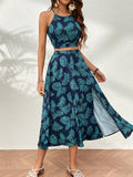 SHEIN VCAY Tropical Print Tie Back Cami Top & Split Thigh Skirt