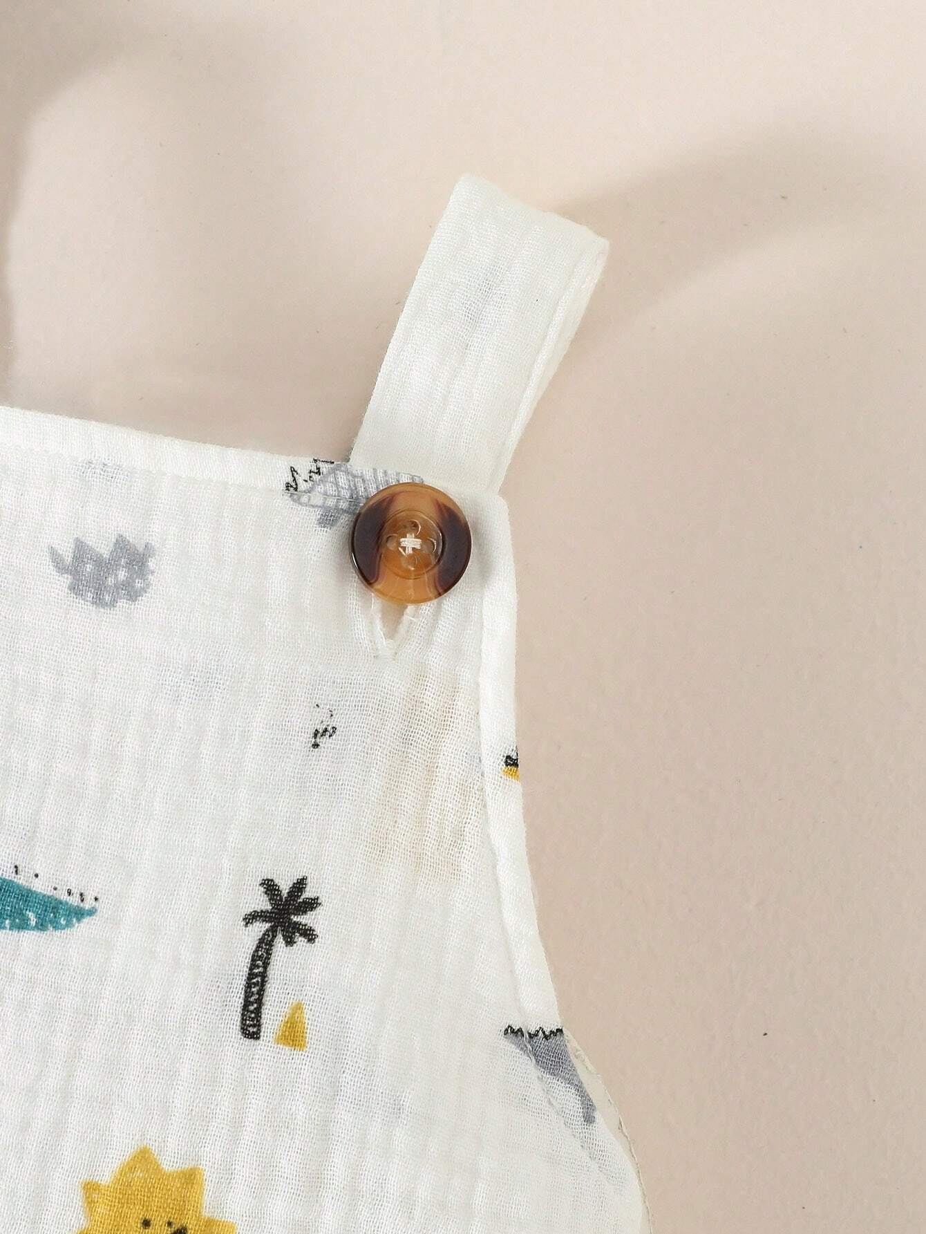 SHEIN Baby Boy Button Detail Tee & Dinosaur Print Overall Romper Set