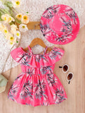 SHEIN Baby Tropical Print Cold Shoulder Ruffle Trim Dress With Hat