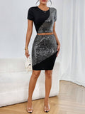 SHEIN Privé Contrast Sequin Crop Tee & Bodycon Skirt