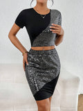 SHEIN Privé Contrast Sequin Crop Tee & Bodycon Skirt