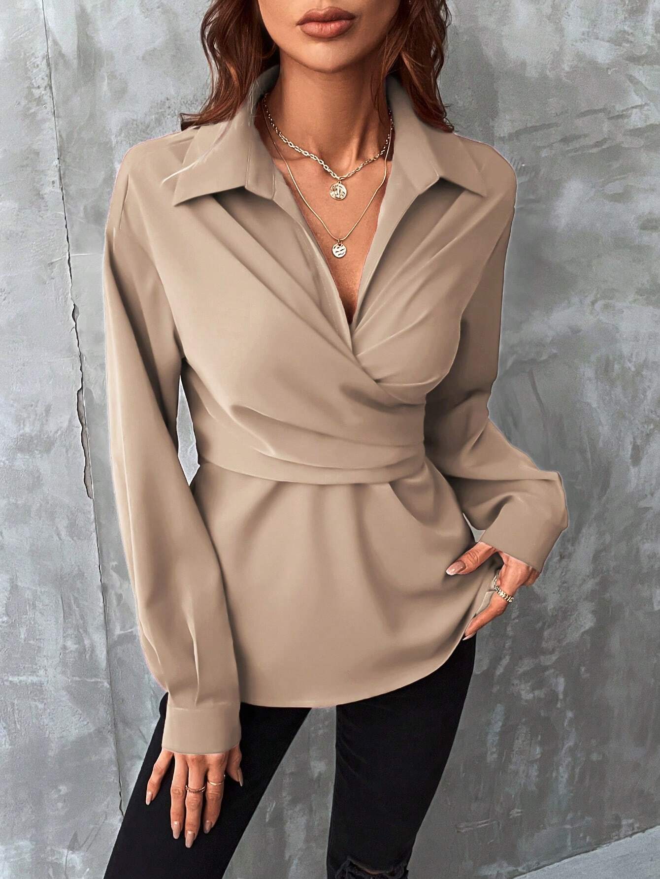 SHEIN Clasi Solid Wrap Cross Tie Back Blouse