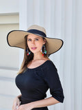 SHEIN 1pc Women's Wide Brim Straw Hat With Ribbon Bow