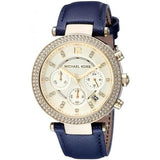 Michael Kors Parker Blue Leather Strap Gold Dial Chronograph Quartz Watch for Ladies - MK-2280