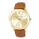 Michael Kors Slim Runway Brown Leather Strap Gold Dial Quartz Watch for Ladies - MK-2465